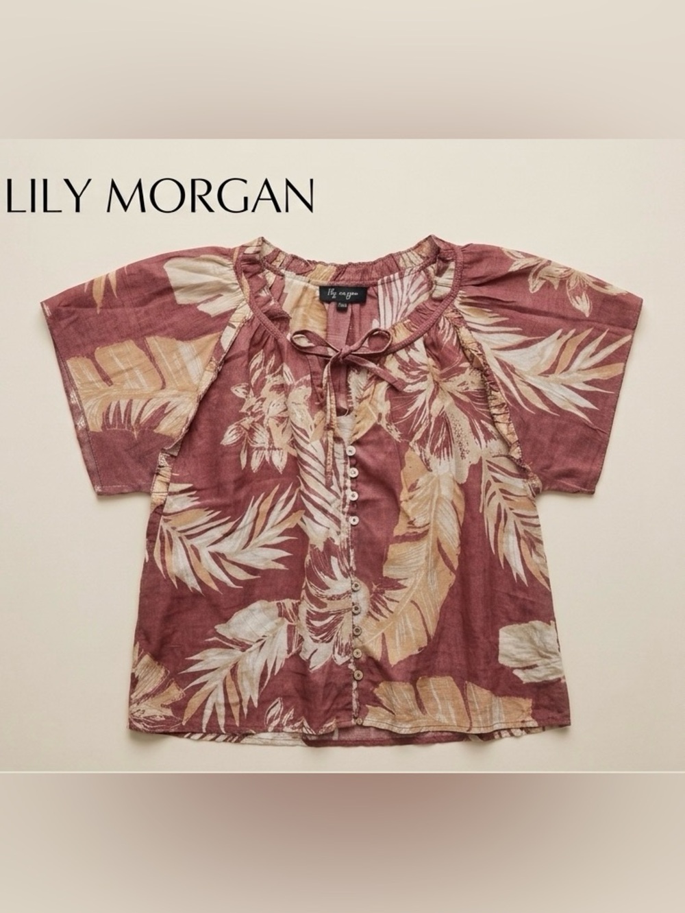 Lily Morgan Tropical Palm Blouse Womens 2X Burgundy‎ Boho Ruffle Tie Neck